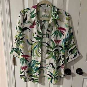 100% Linen Chico's Size  1 Vibrant Leaf Print Button Down Shirt 3/4 Sleeves M